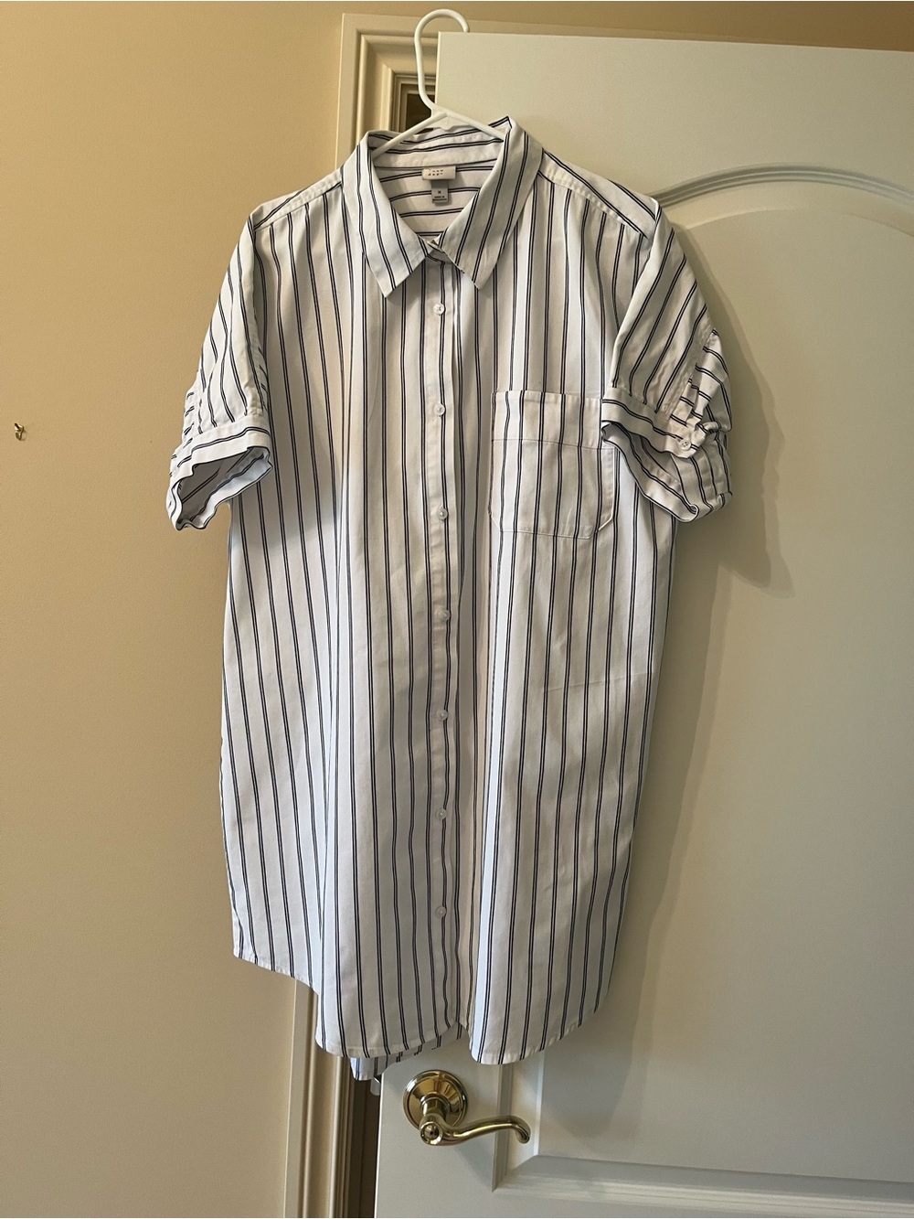 a new day White Shirt with Navy Vertical Stripes - Short Sleeve Button-Down